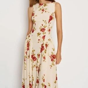 Sleeveless Cream Floral Maxi Dress with Red Rose Print
